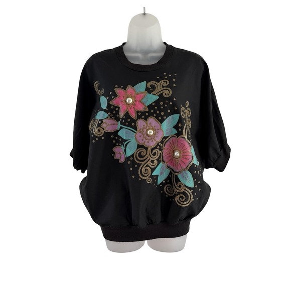Vintage‎ Sassy Phillips Sweatshirt Womens Medium Black Dolman Floral Pearl 80s - Picture 8 of 16